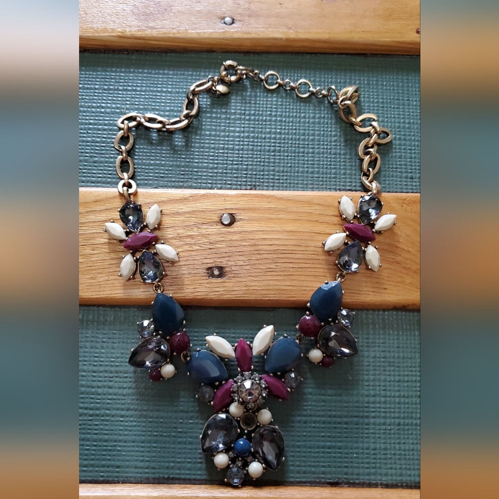 J. Crew Navy, Burgundy, White and Grey Sparkly Floral Statement Necklace